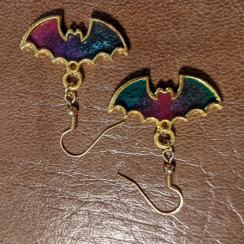 Rainbow Bats Earrings Gold Resin Galaxy Handmade Halloween - Picture 6 of 15